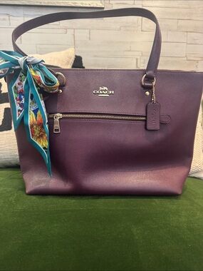 Coach Plum Saffiano Leather Tote with Gold Hardware